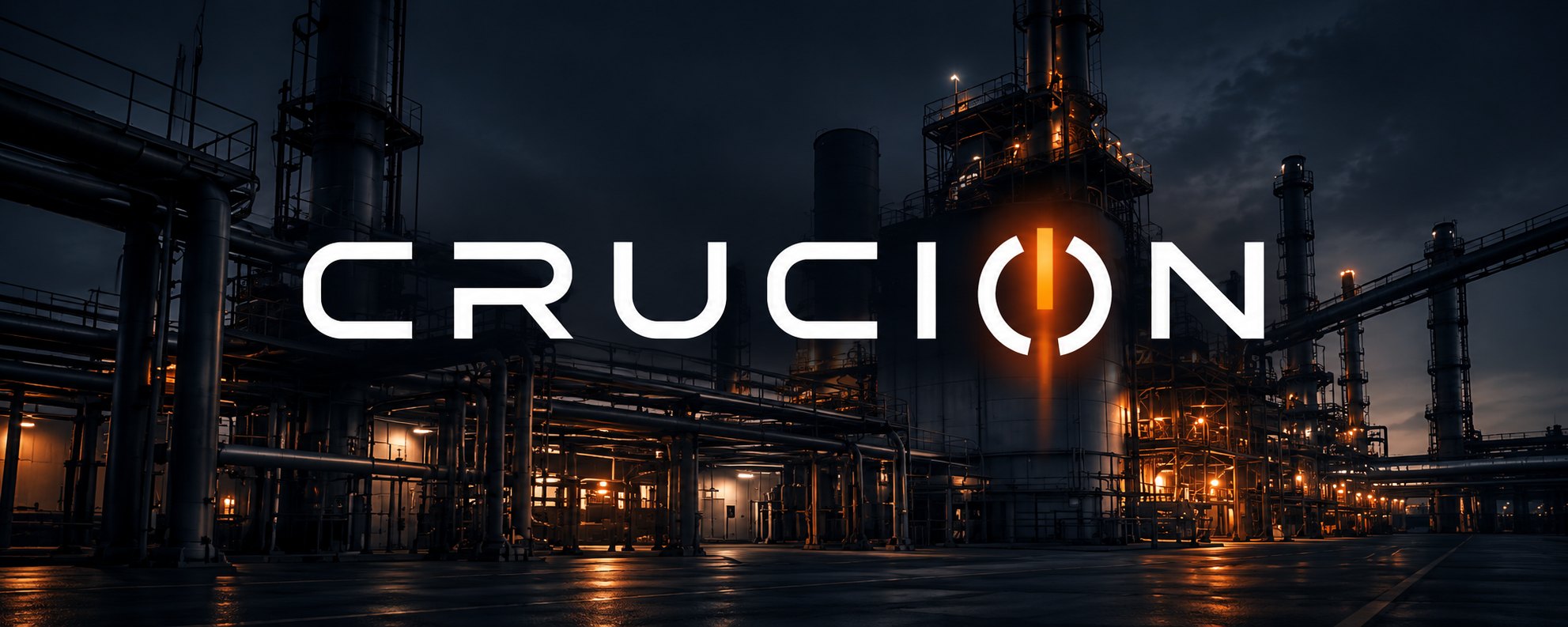 Crucion logo over an industrial plant at night