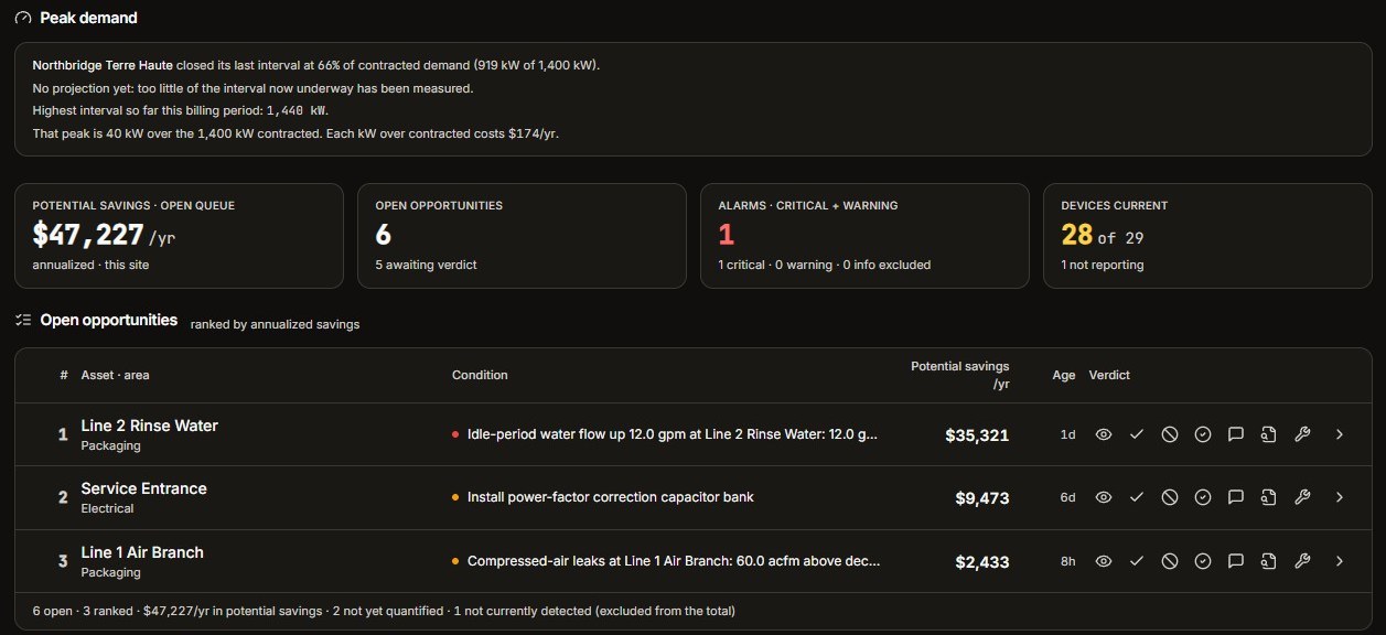Crucion site page showing peak demand, potential savings and findings ranked by annual savings